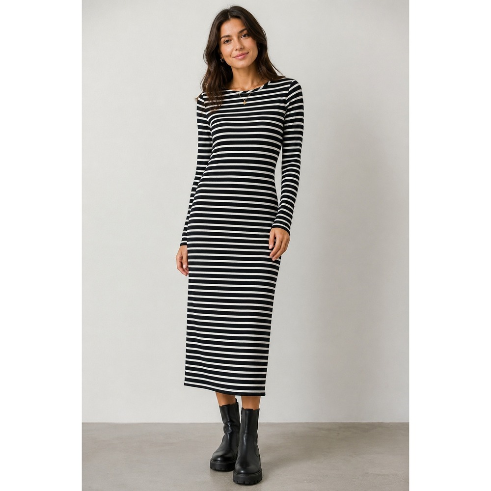 Morgan Taylor Midi Dress Size M Black White Stripe Long Sleeve Ribbed Knit Fall